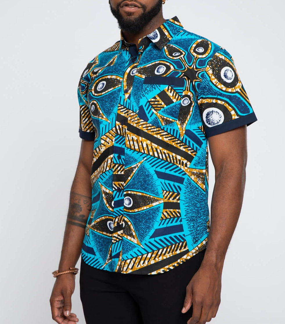 Deion Men's African Print Short Sleeve Button-Up Shirt (Sky Blue Flowers)