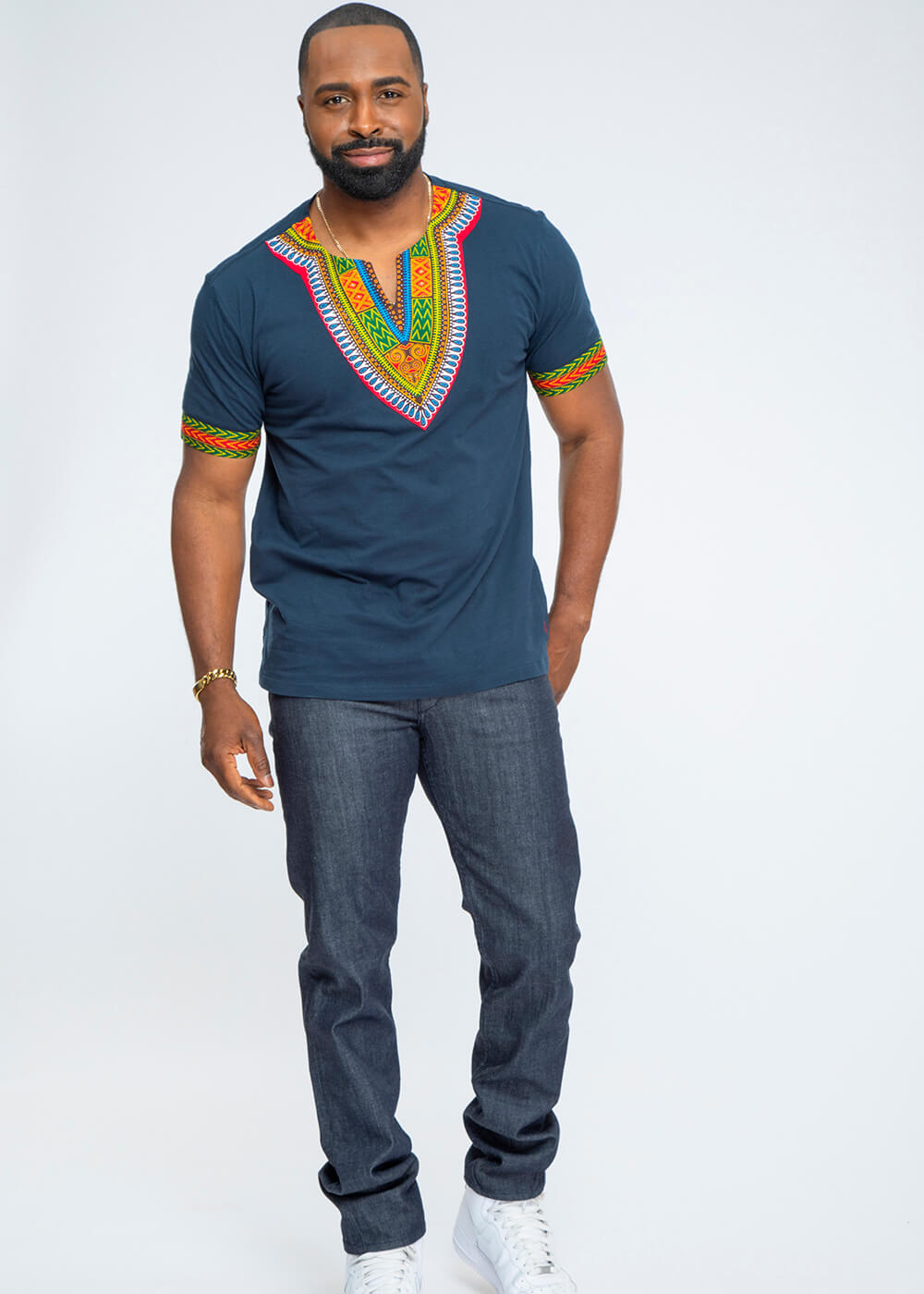 Men's African Print Dashiki T-Shirt (Navy)