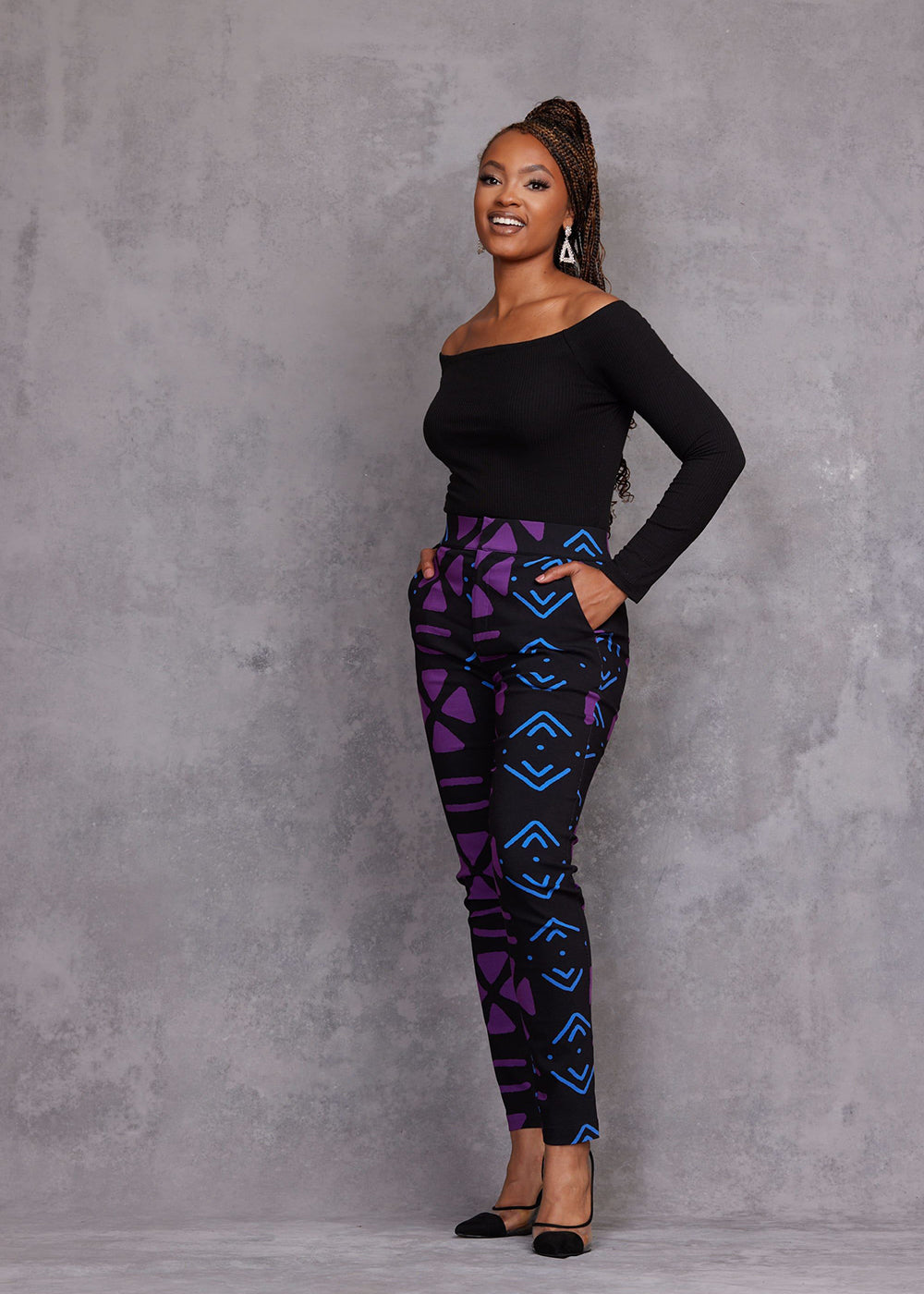 Talia Women's African Print Stretch Pants (Black Purple Mudcloth)