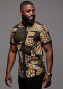 Tops - Olu Short Sleeve Mandarin Button-Up African Print Shirt (Black Brown Geometric)